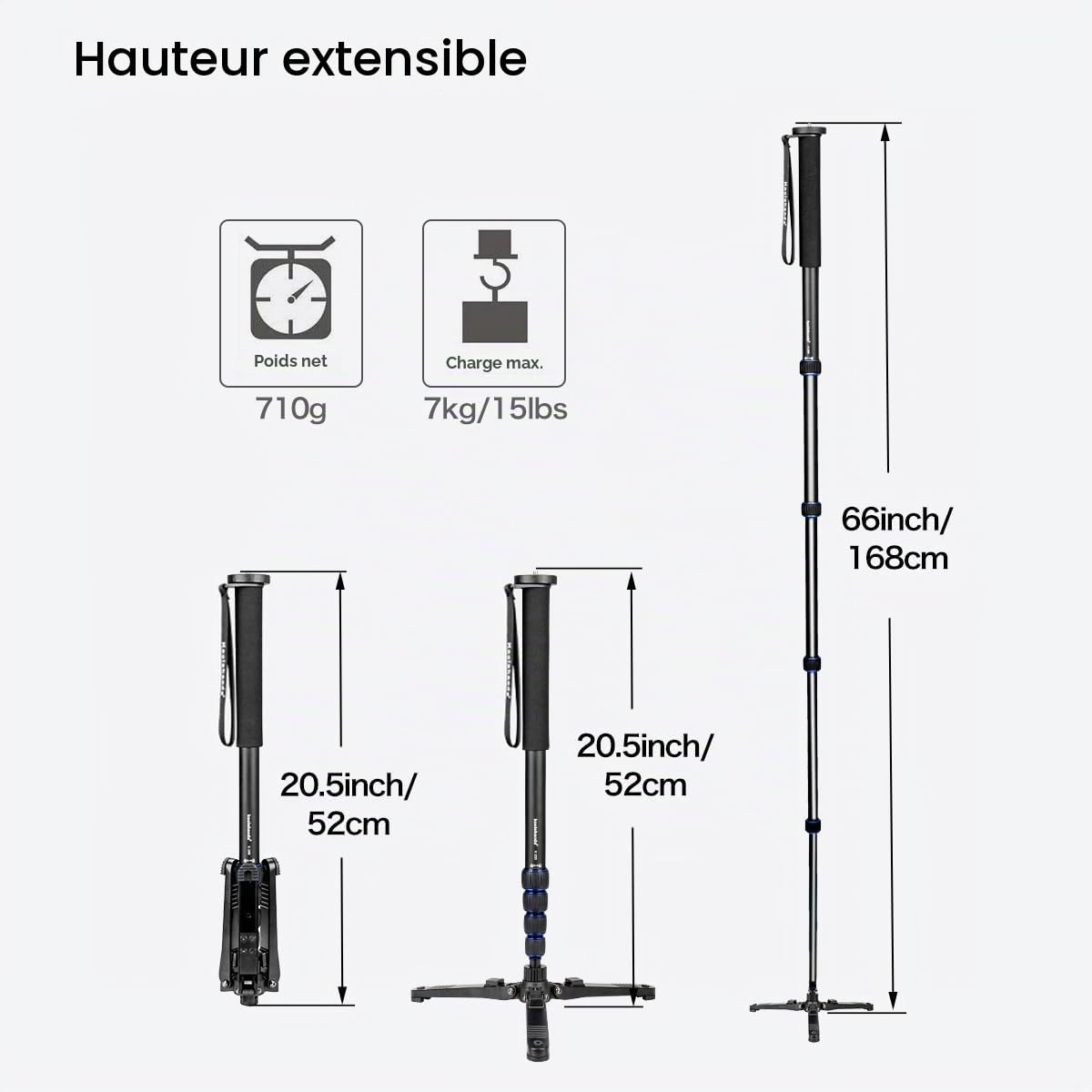 Koolehaoda Monopode Extensible pour Appareil Photo en Alliage d'aluminium avec Base de Support pour trépied, 5 Sections 52 cm-168 cm réglables pour appareils Photo Reflex, Charge utile jusqu'à 7 kg
