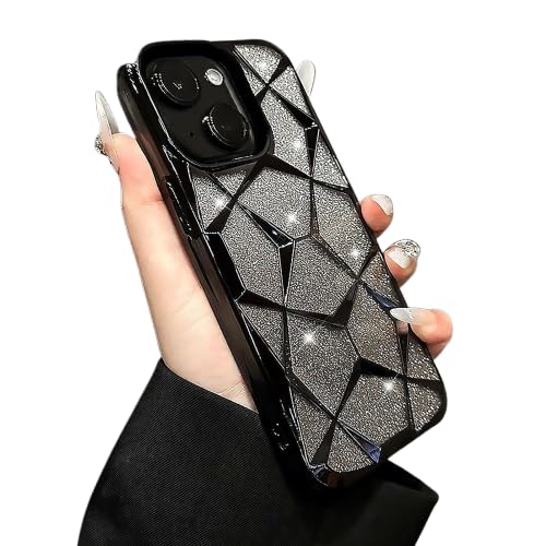 VONZEE Gradient Glitter Case for iPhone 14 6.1'', Luxury Electroplated 3D Cube, Diamond Bling Shiny Soft TPU Clear Shockproof Women Girls Protective Phone Cover (Black)
