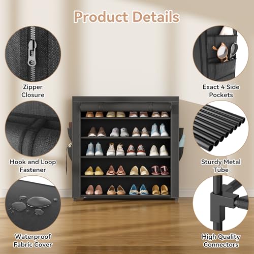 Image of LANTEFUL Shoe Rack with Covers 5 Tier Tall Shoe Rack Organizer Large Capacity Shoe Shelf Storage 20-24 Pairs Space Saving Free Standing Shoe Storage Organizer for Closet, Entryway, Dorm, Black