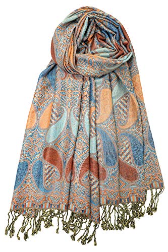 Achillea Soft Silky Multi Color Paisley Pashmina Double Layered Shawl Scarf Wrap Stole (Teal Blue Orange)