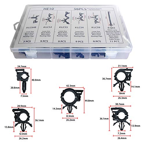 ROLINGER Car Wire Harness Routing Clip Wiring Harness Wire Loom Routing Clips Assortment 56 PCS Retainer Car Clips Contains 6 Different Sizes Replacement Parts for Honda GM Mazda