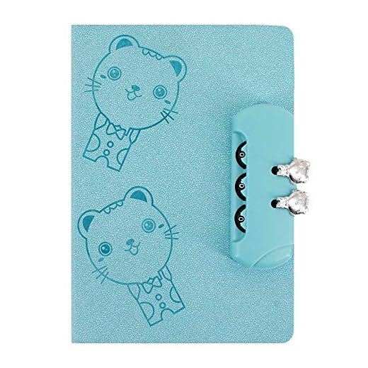 Sun Kea 32K Cartoon Cat Notebook Password Locked Diary Leather Cover Journal,Blue