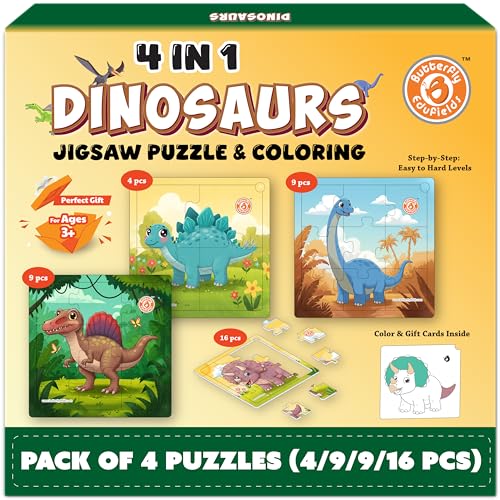 Image of Butterfly EduFields 4-in-1 Dinosaur Jigsaw Puzzle Set for Kids | 38 Pcs Brain Boosting Puzzle Toy for Boys & Girls Age 3 4 5 6 7 | Preschool Learning with Coloring Sheets | Dino Gift for Kids
