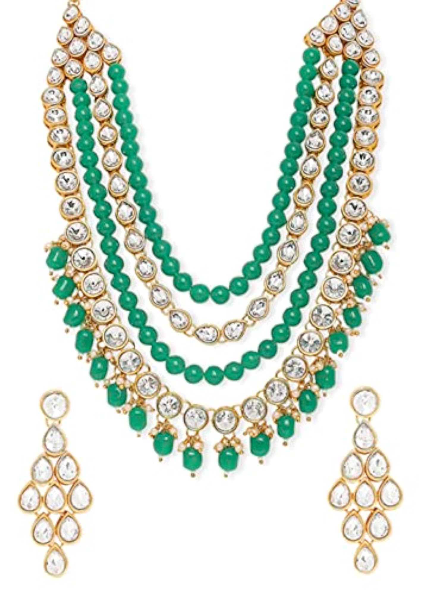 Green Beads & Kundan Multi Layer Ethnic Mala Necklace Set with Drop Earrings