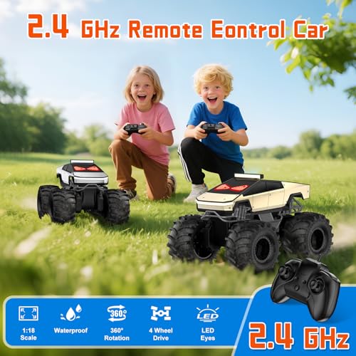 Image of Amphibious Monster Truck with LED Eyes, 1:18 Rechargeable Remote Control Car, 2.4 GHz Waterproof RC Cars Toy Truck, 4WD All Terrain Off-Road Pickup, Toys for 6+ Year Old Kids Christmas Birthday Gifts