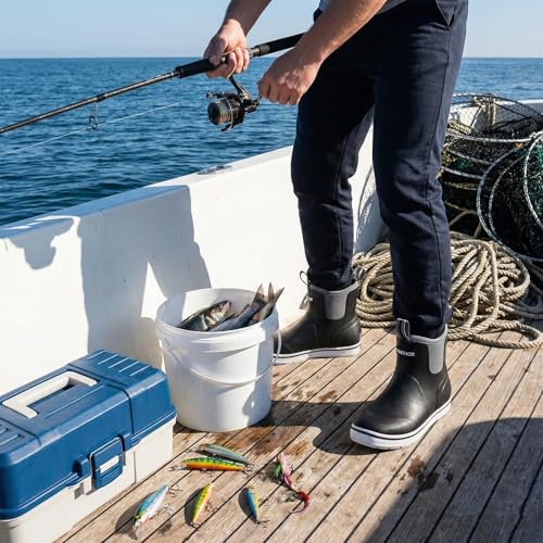 Image of Men's Deck Boots Waterproof High-Traction Rubber Fishing Rain Boots | Lightweight Pull-On Comfort for Wet Days, for Sport Fishing and Boating, Sizes 7-14