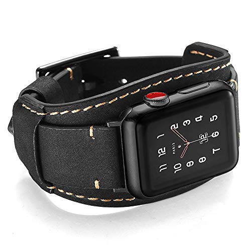 One-Day Sale: Up to 70% Off Leotop Compatible with Apple Watch Band 45mm 44mm 42mm Men Women Genuine Leather Compatible iwatch Bracelet Wrist Strap Compatible Apple Watch Series 7/6/5/4/3/2/1 SE (Crazy Horse Cuff Black)