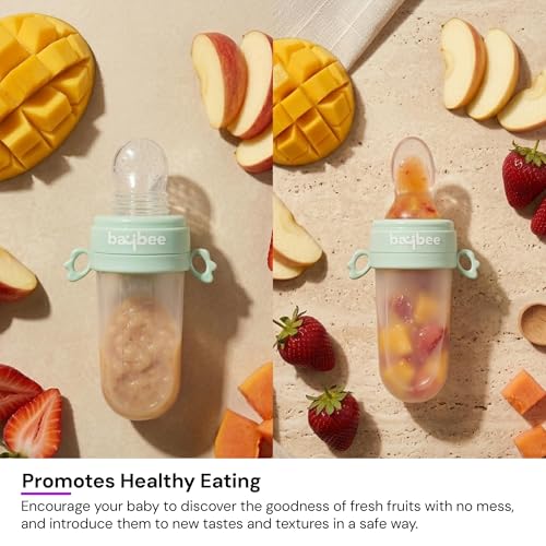 Image of Baybee 2-in-1 Silicone Baby Fruit Feeder & Food Feeder | Baby Pacifier with Anti-Choking Pouch & Squeeze Spoon | BPA Free Extra Soft Fruit Nibbler & Teethers for 6 to 12 Months Babies (Blue)