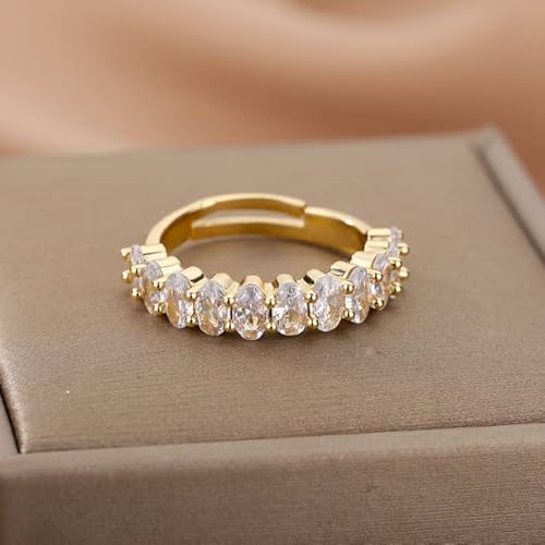 SPRINGYOW Colorful Geometric Crystal Oval Zircon Rings For Women Gold Wedding Couple Ring Adjustable CZ Stone Cocktail Rings Jewelry - White