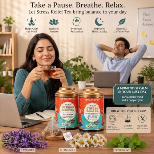 Image of Sancha Tea Boutique, Stress Relief Herbal Tisane, 25 Pyramid Bags x Pack of 2, Caffeine Free Infusion of Chamomile, Lavender & Mint, Calming & Relaxing Floral Blend
