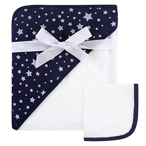 Image of Hudson Baby Unisex Baby Cotton Hooded Towel and Washcloth, Navy Silver Star, One Size