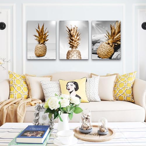 Lapremoly Large Wall Decor for Kitchen Dining Room Artwork Black And White Wall Painting 3 Piece Canvas Wall Art For Living Room Beach Scenery Pineapple Pictures Restaurant Framed Wall Decoration