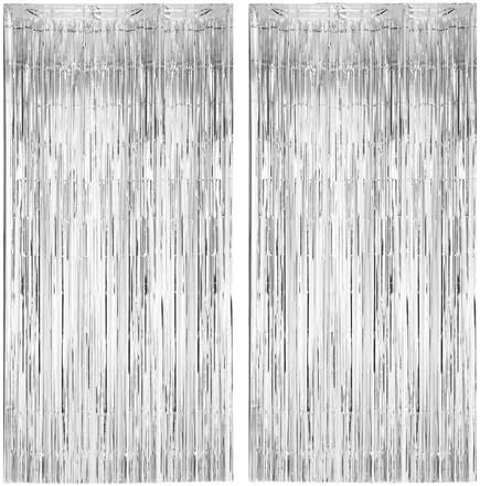 Cart In Mart Premium Foil Fringe Curtain Backdrop Metalic Tinsel Decoration - 1x2m - 2 Pack - Silver