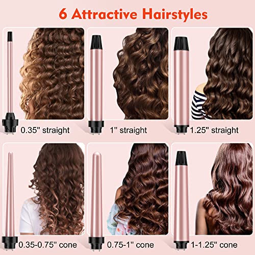Curling Iron Set, Ushow 6 In 1 Curling Wand Set Hair Iron Kit Instant Heat Up Hair Curler With 6 Interchangeable Tourmaline Ceramic Barrels (0.35'' To 1.25'') Temperature Adjustments, With Gloves #TOP1