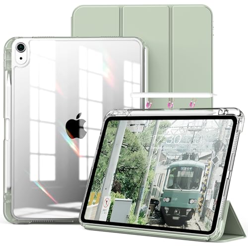 kenke Hybrid Case for iPad Air 11 Inch (M3) 2025 / (M2) 2024, iPad Air 5th/4th Gen 2022/2020 10.9 Inch with Pencil Holder, Detachable Cover with Clear Hard Back Shell, Auto Sleep/Wake, Light Green
