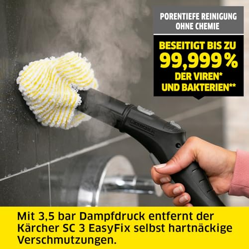 Kärcher parni čistilec SC 3 EasyFix Parni tlak: maks. 3,5 bar Čas segrevanja: 30 s, moč: 1.900 W, moč: 75 m² Rezervoar: 1 l, s kartušo za odstranjevanje vodnega kamna, setom za čiščenje tal in belimi šobami za tla