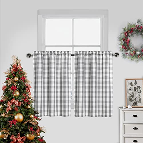 Amzdecor Tier Curtains For Kitchen Windows, Buffalo Plaid Gingham Pattern Linen Fabric Rod Pocket Short Window Panels For Kitchen Cafe Bathroom Window Curtains, 28" W X 24" L, Sliver/Gray, Set Of 2 #TOP6