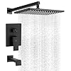 Black shower tub faucet set bathroom rain shower system with tub spout wall mounted rainfall 12 inch shower head and handle set shower valve and trim kit matte black  urban country home decor