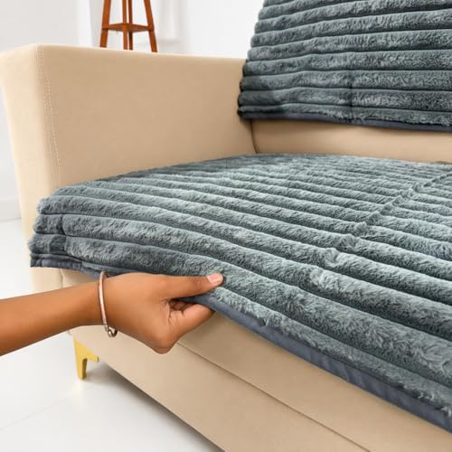 Image of Homerz Premium Rabbit Fur Sofa Cover with Anti-Skid Backing, Soft Plush Fabric Sofa Protector for Living Room Furniture (Grey, 2 Seater, Seat Cover with Backrest)