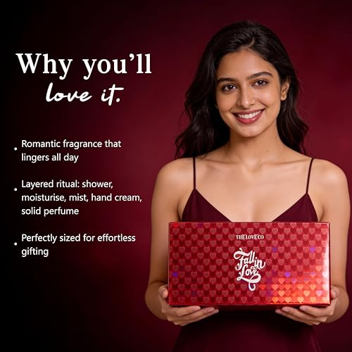 Image of THE LOVE CO. Fall in Love Gift Set for Women | Body Wash, Body Lotion, Body Mist, Hand Cream & Solid Perfume | Luxury Bath & Body Pampering Kit | Birthday, Anniversary & Special Occasion Gift | Premium Vegan Packaging Pack of 5