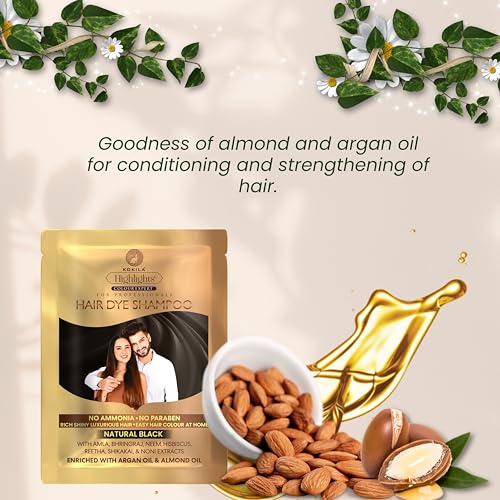 Image of Kokila Unisex Hair Color Shampoo Sachet, Color in just 5 minutes, No Ammonia - No Paraben, Natural Black (25mlx5 Sachets)