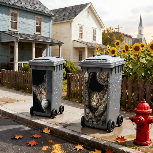 Image of 2 PC Trash Can Sticker 14.57 x 32.28 Inch Cat Peeking Tree Hollow Design Vinyl Sticker with Green Eye and Paw Pattern for Outdoor Garbage Bin Garden Yard Driveway Home Decor