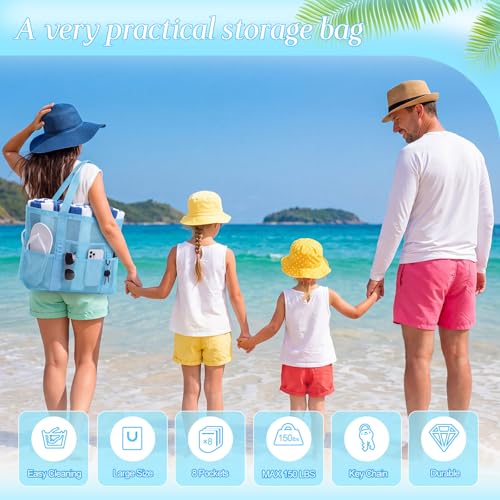 Image of Hillban Large Beach Mesh Bags Bulk for Women Beach Tote Bag with 8 Pocket Zipper Waterproof Sandproof for Pool Cruise Ship