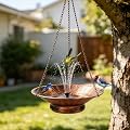CaliDecor 12.6" Hanging Solar Bird Bath Metal, Metal Hanging Bird Bath with Solar Fountain for Outside, Hanging Birdbath Bubbler for Outdoors Backyard Patio Garden Decor, Bronze