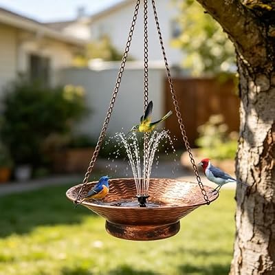 CaliDecor 12.6" Hanging Solar Bird Bath Metal, Metal Hanging Bird Bath with Solar Fountain for Outside, Hanging Birdbath Bubbler for Outdoors Backyard Patio Garden Decor, Bronze