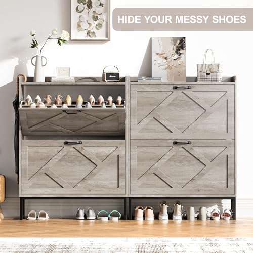Image of Nicetree Shoe Storage Cabinet with 2 Flip Drawers, Freestanding Shoe Organizer, Shoe Cabinet with Metal Legs, Narrow Shoe Rack Cabinet, Farmhouse Slim Shoe Cabinet for Entryway, Hallway, Rustic Gray