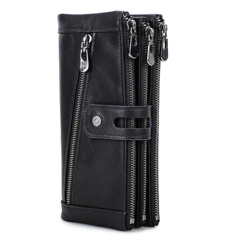 Women Wristlet Wallets Large Capacity RFID Blocking Leather Wallets Credit Cards Organizer with Checkbook Holder (Black)