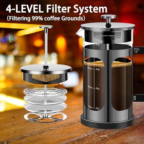 YMMIND French Press Coffee Maker (34oz 1Quart 5-6Cup) Coffee Press, with 4 Filters System, Heat Resistant Thickness Borosilicate Glass, Cold Brew Coffee Tea Pot Gifts (Bright Black) - 1