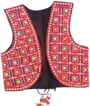 Outerwear Womens Multicolor Cotton Handmade Traditional Rajasthani Design front Embroidered Kutchi Work Jacket/Koti