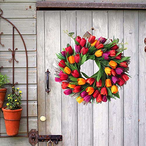 Growtail 001 Tulip Flower Wreath For Front Door 18 Inch Artificial Handmade Spring Summer Faux Flower thumb #5