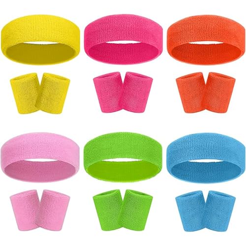 Image of 18 Pcs Sweatbands Headband Wristband Set Colorful Striped Terry Cloth Sports Athletic Gym 80s Sweat Headbands