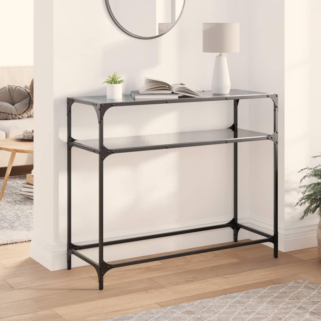 Tavolo consolle da corridoio, tavolino in vetro nero, 98 x 35 x 81 cm, in acciaio, tavolo da parete come ripiano per decorazione, vasi, lampade, chiavi in corridoio, corridoio, soggiorno