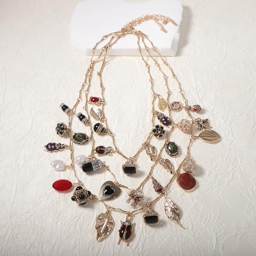 Vintage Style Charm Necklace Set Layered Gold Chain with Crystal and Pearl Heart Beaded Pendant Boho Long Chain Necklace for Women4