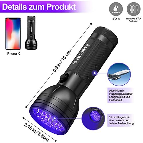 Vansky UV Schwarzlicht Taschenlampe: 395nm UV Lampe mit 51 LEDs als Urin-Detektor für Eingetrocknete Flecken Ihrer Hunde, Katzen und Nagetiere auf Teppichen Böden inkl. 3xAA-Batterien