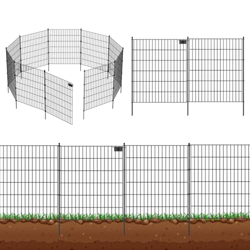 Image of Toolterritary 5 Panels No Dig Garden Fence with Gate, 32 in(H) X12.1 ft(L) Metal Fence Panels, Thickened Rustproof Garden Fencing, Animal Barrier for Dogs, Rabbits, and Patio