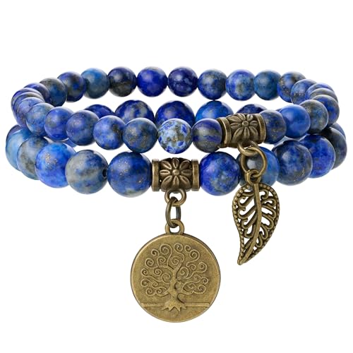 Farfume Chakra Bracelets pour femmes - Bracelet de cristaux pour femmes Pierres naturelles Yoga Reiki- Un ensemble de bracelets doubles（Lapis Lazuli & LifeTree（Moyen）