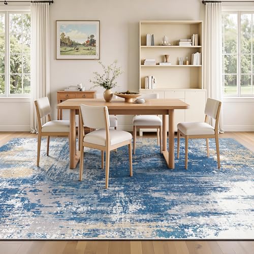 Image of 8x10 Rugs for Living Room - Modern Abstract Washable Rug, Ultra Soft Non Slip Low Pile Large Rugs, Floor Carpet for Bedroom Dining Room Office Laundry Nursery Home(Blue & Beige)