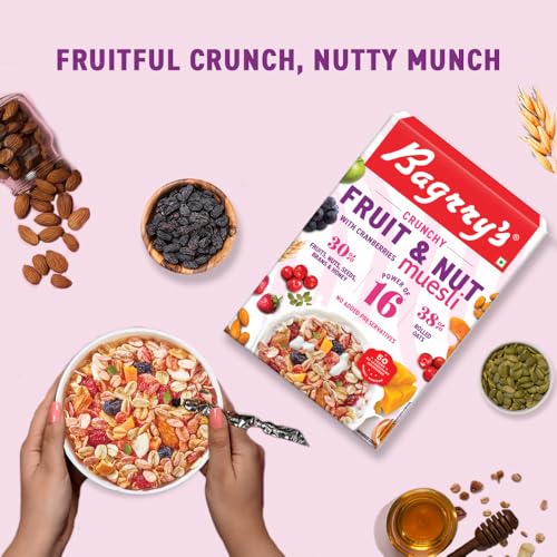 Image of Bagrry's Fruit & Nut Muesli with 30% Real Fruits, Nuts & Cranberries - 400g | 16 Real & Freeze Dried Fruits, Nuts, Seeds & Berries Muesli | No Candy | 38% High Fibre Oats, No Cornflakes | Fibre & Protein Rich Breakfast Cereal