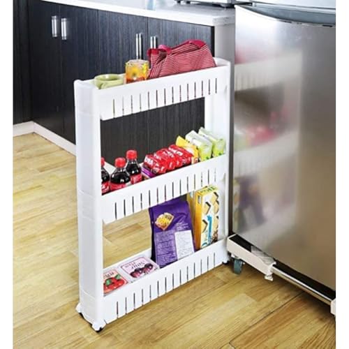 Image of 3 Layer Slim Rack Multipurpose compact Storage Rack | Space Saving Storage Organizer Spice Rack Shelf with Moving Wheels Trolley for Kitchen |Bathroom, Bedroom |Durable plastic white