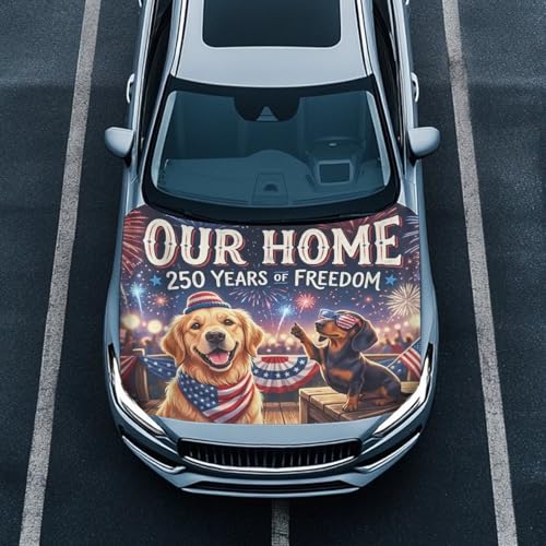 Image of Golden Retriever Dachshund USA 250 Years Print Car Hood Cover Waterproof Car Bonnet Banner Weather-Resistant Auto Hood Protector Vehicles Decorate Accessories Engine Flag Sign