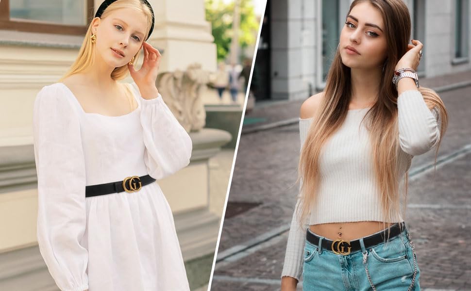 Women Reversible Leather Belt with Fashion G Gold Buckle for Dresses, Jeans, and Coats,width 0.9" - Image 8