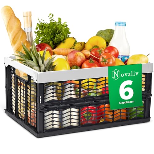 Novaliv Lot de 6 boîtes pliantes pliables et stables de 30 l - Gris et noir - Caisses à provisions pliables - Boîte de rangement - Panier de rangement de cuisine