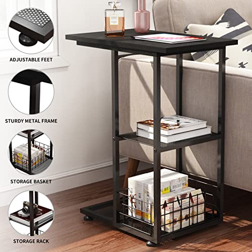 Nongshim Snack Side Table, C Shaped Table End Table With Storage Basket, Sofa Table With Metal Frames, Small Snack Tables For Living Room, Bedroom, Black #TOP5