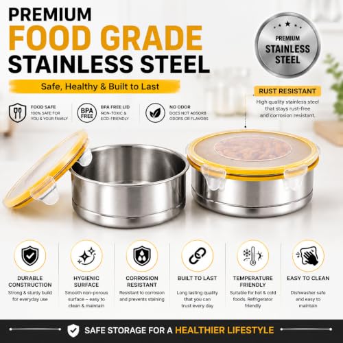 Image of Stainless Steel Airtight Round Container with Leak Proof Lid | BPA Free Food Storage Lunch Box Dabba for Office College School Home Travel | Tiffin Box (5.10 x 10.5cm size) | Pack of 2,Yellow
