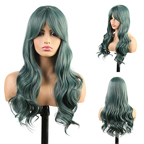 RDY Green Long Natural Wave Synthetic Wig with Bangs Wigs Full Machine Made Wigs for Balck Women High Temperature Fiber Hair Cosplay Wig 22inch