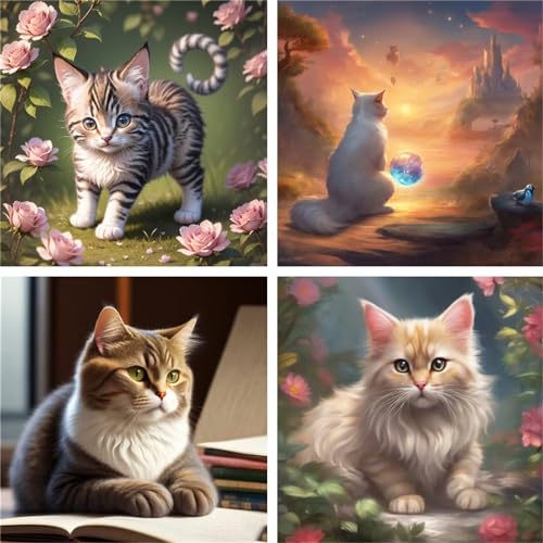 Broderie Diamant Fleur Chat 60x60 - Peinture Diamant 5D Adulte Tableau Murale